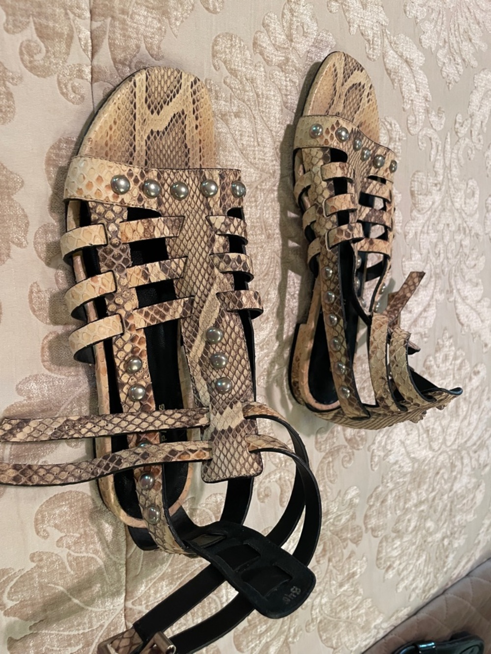 Saint Laurent Beige Snake-Print Studded Strappy Sandals - Picture 5 of 5